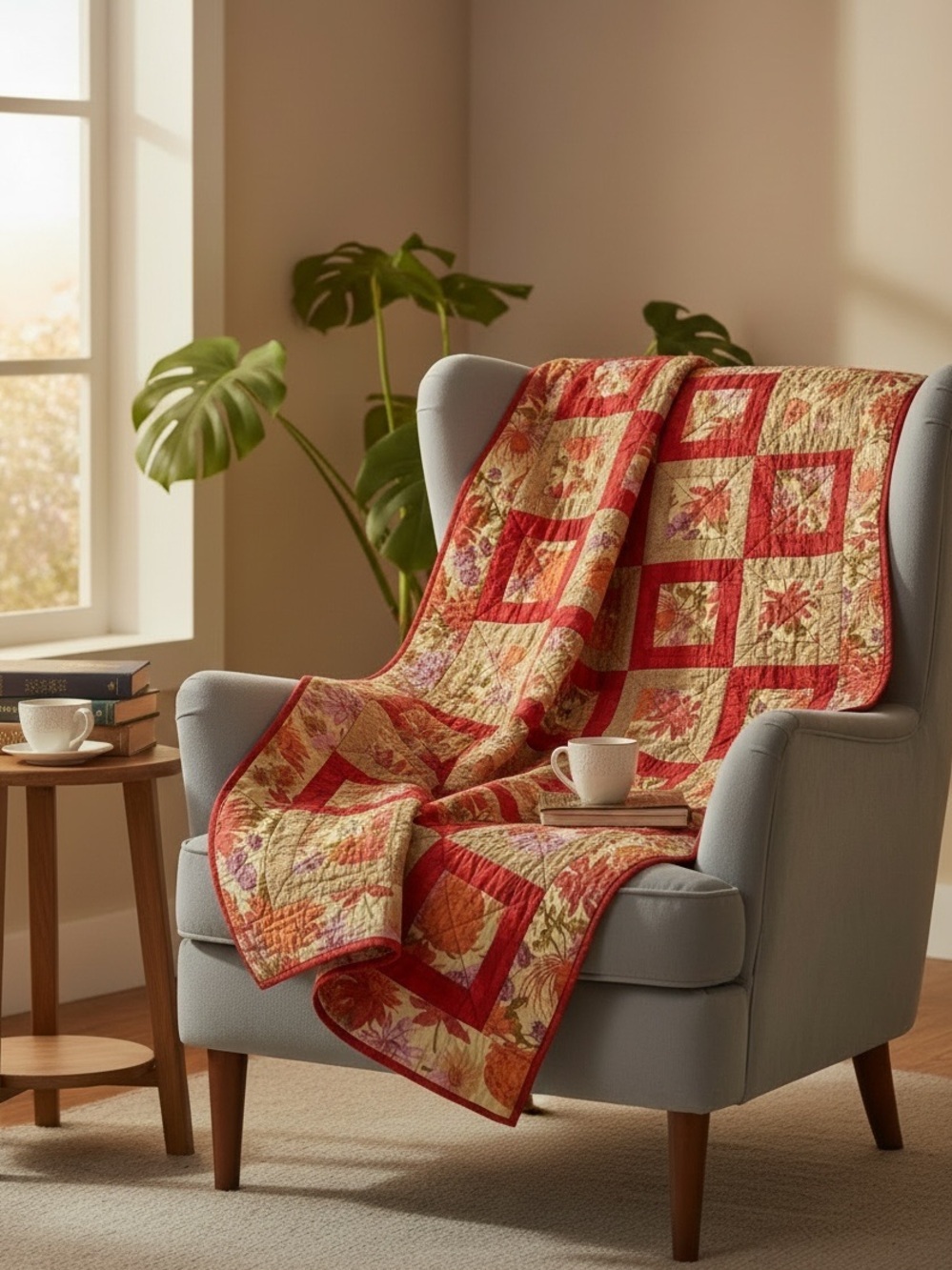 HANDMADE Red Floral Patchwork Quilt Throw Blanket 46x65 in